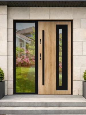 Lumo Loft Premium z czarnym uchwytem i czarną futryną nowoczesne energooszczędne drzwi do domu z dostawką boczną z przeszkleniem 130