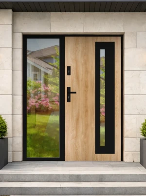 Lumo Loft Premium z czarną klamką i czarną ramką nowoczesne energooszczędne drzwi wejściowe z doświetlem z szybą wenecką 140 150