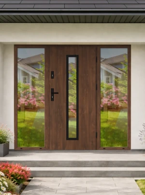 Anolis Black Premium z czarną klamką i ramką nowoczesne energooszczędne polskie drzwi wejściowe z doświetlami z lustrem weneckim 160 170