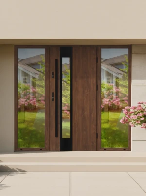 Cameleo Black Premium z czarną antabą i ramką nowoczesne energooszczędne polskie drzwi wejściowe z doświetlami z lustrem weneckim 160