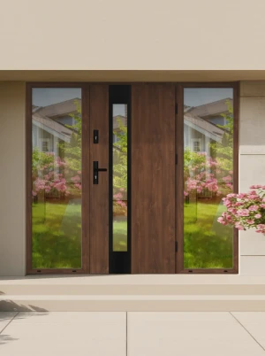 Cameleo Black Premium z czarną klamką i ramką nowoczesne energooszczędne polskie drzwi wejściowe z doświetlami z lustrem weneckim 160 170