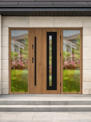 Lumo Black Premium z czarną antabą i ramką nowoczesne energooszczędne polskie drzwi wejściowe z doświetlami z lustrem weneckim 160