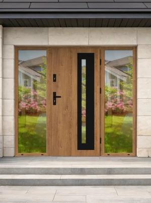 Lumo Black Premium z czarną klamką i ramką nowoczesne energooszczędne polskie drzwi wejściowe z doświetlami z lustrem weneckim 160 170