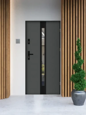 Outlet - NOWE - antracyt ciemny 90 prawe - Apis Black Termo 4 - przylgowe, grubość skrzydła 72mm, ciepła ościeżnica drewniano-stalowa, lustro weneckie