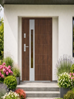 Outlet - NOWE - orzech ciemny 100 lewe - model S35 Termo Reflex Inox - grubość skrzydła 72mm, ościeżnica ciepła drewniano - stalowa, UD=1,1 - drzwi ze