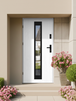 Outlet - NOWE - 4-przylgowe, 80 lewe biały drewnopodobny Iguana Black Termo PUR, ciepła ościeżnica drewniano-stalowa komplet z czarną klamką z szybą l