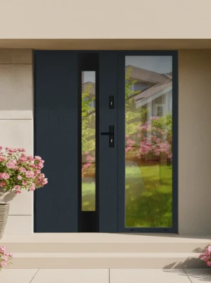 OUTLET - NOWE - 100 lewe antracyt drewnopodobny Cameleo Black Premium PUR - drzwi zewnętrzne z dostawką boczną. Wyprzedaż. Krótki termin realizacji. (