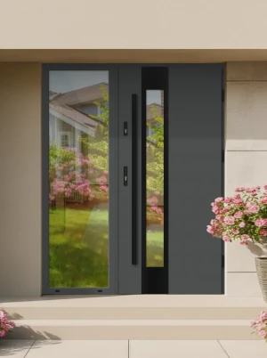 OUTLET - NOWE - 90 prawe antracyt ciemny Cameleo Premium PUR z antabą, przeszklenie lustro weneckie - drzwi zewnętrzne z dostawką boczną. Wyprzedaż. O