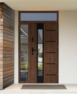 Uta Black Premium z czarną klamką i futryną nowoczesne polskie drzwi do domu z dostawką boczna i dostawką górną z przeszkleniem