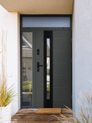 Tuluza Black Premium z czarną klamką i futryną nowoczesne polskie drzwi do domu z dostawką boczna i dostawką górną z przeszkleniem