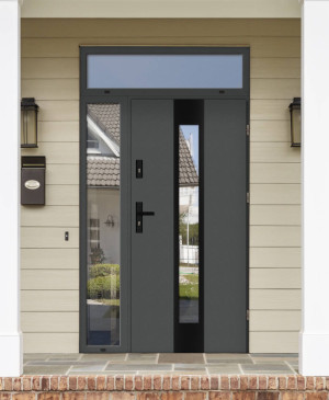 Papua Black Premium z czarną klamką i ramką nowoczesne energooszczędne drzwi wejściowe z doświetlem bocznym i górnym z szybą wenecką