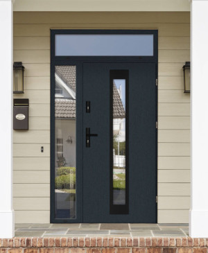 Iguana Black Premium z czarną klamką i ramką nowoczesne energooszczędne drzwi wejściowe z doświetlem bocznym i górnym z szybą wenecką