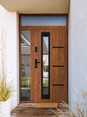 Greca Black Premium z czarną klamką i ramką nowoczesne energooszczędne drzwi wejściowe z doświetlem bocznym i górnym z szybą wenecką