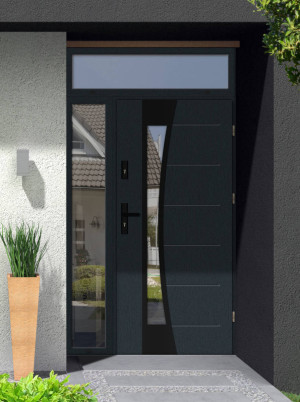 Bellis Black Premium z czarną klamką i ościeżnicą nowoczesne polskie drzwi zewnętrzne z naświetlem górnym i bocznym z lustrem weneckim