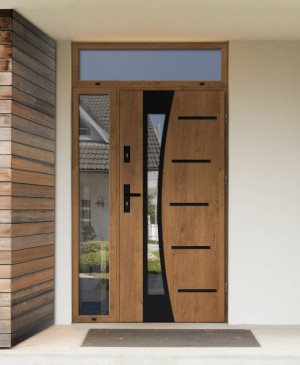 Agama Black Premium z czarną klamką i ościeżnicą nowoczesne polskie drzwi zewnętrzne z naświetlem górnym i bocznym z lustrem weneckim