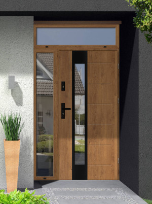 Caiman Black Premium z czarną klamką i ościeżnicą nowoczesne polskie drzwi zewnętrzne z naświetlem górnym i bocznym z lustrem weneckim