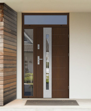 Tuluza Premium z klamką i ościeżnicą nowoczesne energooszczędne drzwi zewnętrzne z naświetlem górnym i bocznym z szybą wenecką 120 130