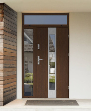 Papua Premium z klamką i ramką nowoczesne energooszczędne drzwi wejściowe z doświetlem bocznym i górnym z lustrem weneckim 130 140