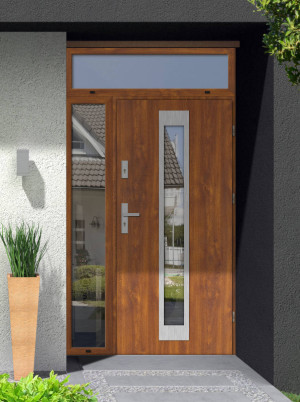 Iguana Premium z klamką i ramką nowoczesne energooszczędne drzwi wejściowe z doświetlem bocznym i górnym z lustrem weneckim 130 140