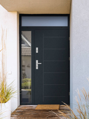 Gekko Premium z klamką i ramką nowoczesne energooszczędne drzwi wejściowe z doświetlem bocznym i górnym z lustrem weneckim 130 140