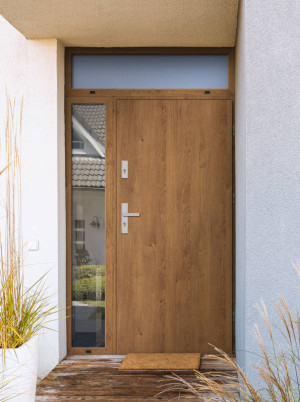 Draco Premium z klamką i futryną nowoczesne energooszczędne polskie drzwi do domu z dostawką boczną i górną z przeszkleniem 140 150