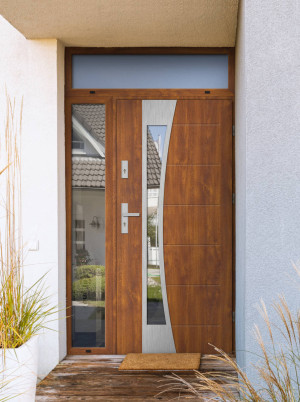 Bellis Premium z klamką i futryną nowoczesne energooszczędne polskie drzwi do domu z dostawką boczną i górną z przeszkleniem 140 150