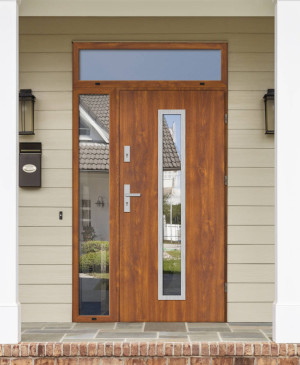 Anolis Premium z klamką i futryną nowoczesne energooszczędne polskie drzwi do domu z dostawką boczną i górną z przeszkleniem 140 150