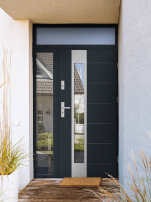 Caiman Premium z klamką i futryną nowoczesne energooszczędne polskie drzwi do domu z dostawką boczną i górną z przeszkleniem 140 150