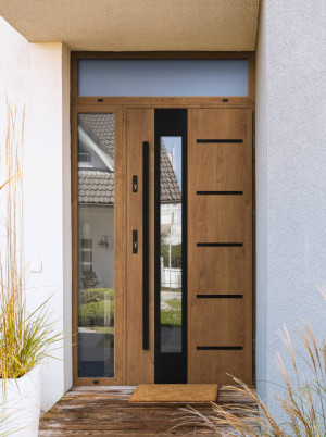 Uta Black Premium z czarnym uchwytem i futryną nowoczesne polskie drzwi do domu z dostawką boczna i dostawką górną z przeszkleniem