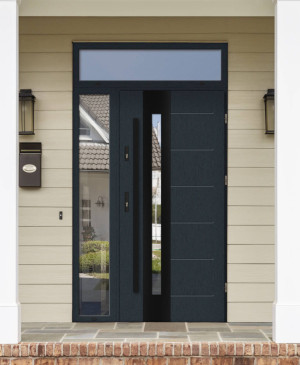Tuluza Black Premium z czarnym uchwytem i futryną nowoczesne polskie drzwi do domu z dostawką boczna i dostawką górną z przeszkleniem