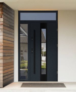 Papua Black Premium z czarną antabą i ramką nowoczesne energooszczędne drzwi wejściowe z doświetlem bocznym i górnym z szybą wenecką