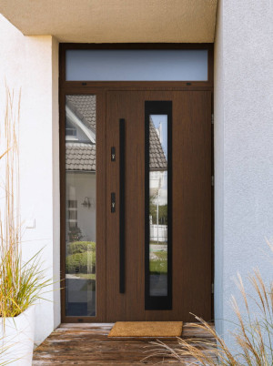 Iguana Black Premium z czarną antabą i ramką nowoczesne energooszczędne drzwi wejściowe z doświetlem bocznym i górnym z szybą wenecką