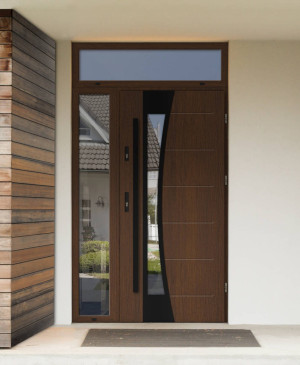 Bellis Black Premium z czarnym pochwytem i ościeżnicą nowoczesne drzwi zewnętrzne z naświetlem górnym i bocznym z lustrem weneckim