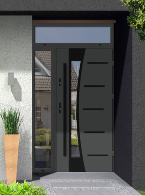 Agama Black Premium z czarnym pochwytem i ościeżnicą nowoczesne drzwi zewnętrzne z naświetlem górnym i bocznym z lustrem weneckim