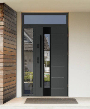 Caiman Black Premium z czarnym pochwytem i ościeżnicą nowoczesne drzwi zewnętrzne z naświetlem górnym i bocznym z lustrem weneckim