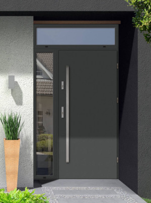 Draco Premium z uchwytem i futryną nowoczesne energooszczędne polskie drzwi do domu z dostawką boczną i górną z przeszkleniem 140 150