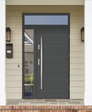 Avon Premium z uchwytem i futryną nowoczesne energooszczędne polskie drzwi do domu z dostawką boczną i górną z przeszkleniem 140 150