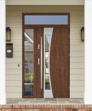 Bellis Premium z uchwytem i futryną nowoczesne energooszczędne polskie drzwi do domu z dostawką boczną i górną z przeszkleniem 140 150