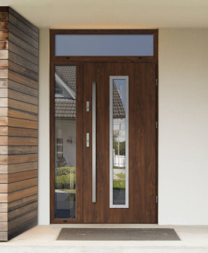 Anolis Premium z uchwytem i futryną nowoczesne energooszczędne polskie drzwi do domu z dostawką boczną i górną z przeszkleniem 140 150