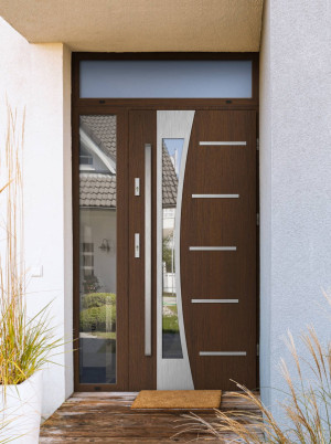 Agama Premium z uchwytem i futryną nowoczesne energooszczędne polskie drzwi do domu z dostawką boczną i górną z przeszkleniem 140 150