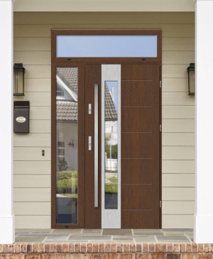 Caiman Premium z uchwytem i futryną nowoczesne energooszczędne polskie drzwi do domu z dostawką boczną i górną z przeszkleniem 140 150