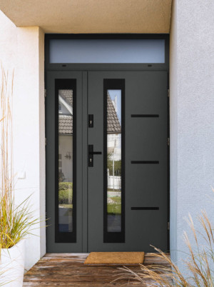 Dwuskrzydłowe grube 72mm z naświetlem górnym ciepła ościeżnica aluminiowa podwójne drzwi zewnętrznena wymiar dopasowaneszerokie wysokie nowoczesneGreca BLACK