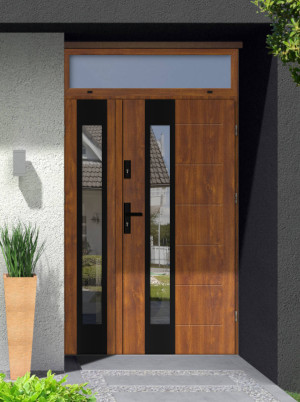 Dwuskrzydłowe grube 72mm z naświetlem górnym ciepła ościeżnica aluminiowa podwójne drzwi zewnętrznena wymiar dopasowaneszerokie wysokie nowoczesneCaiman BLACK