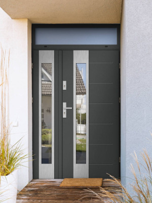 Dwuskrzydłowe grube 72mm z naświetlem górnym ciepła ościeżnica aluminiowa podwójne drzwi zewnętrznena wymiar dopasowaneszerokie wysokie nowoczesneCaiman INOX