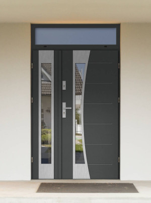 Dwuskrzydłowe grube 72mm z naświetlem górnym ciepła ościeżnica aluminiowa podwójne drzwi zewnętrznena wymiar dopasowaneszerokie wysokie nowoczesneBellis INOX