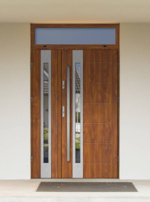 Dwuskrzydłowe grube 72mm z naświetlem górnym ciepła ościeżnica aluminiowa podwójne drzwi zewnętrznena wymiar dopasowaneszerokie wysokie nowoczesneSlim INOX