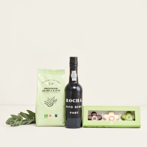 Interflora Gavekurv med portvin, kaffe og marcipanblomster