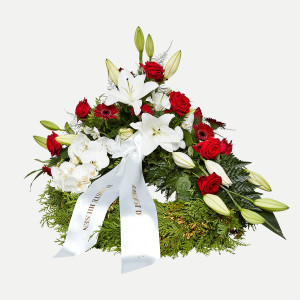 Interflora Krans med dekoration i klassisk stil - rød og hvid - med bånd