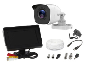 Zestaw do monitoringu kamera Hikvision HiLook TVICAM-B2M-20DL tuba tubowa monitor 4,3" zasilacz przewód podgląd na monitorze