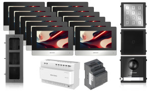Zestaw wideodomofonowy 2-żyłowy Hikvision 12x monitor DS-KH6320-WTE2 czarny, panel podtynkowy, klawiatura, czytnik